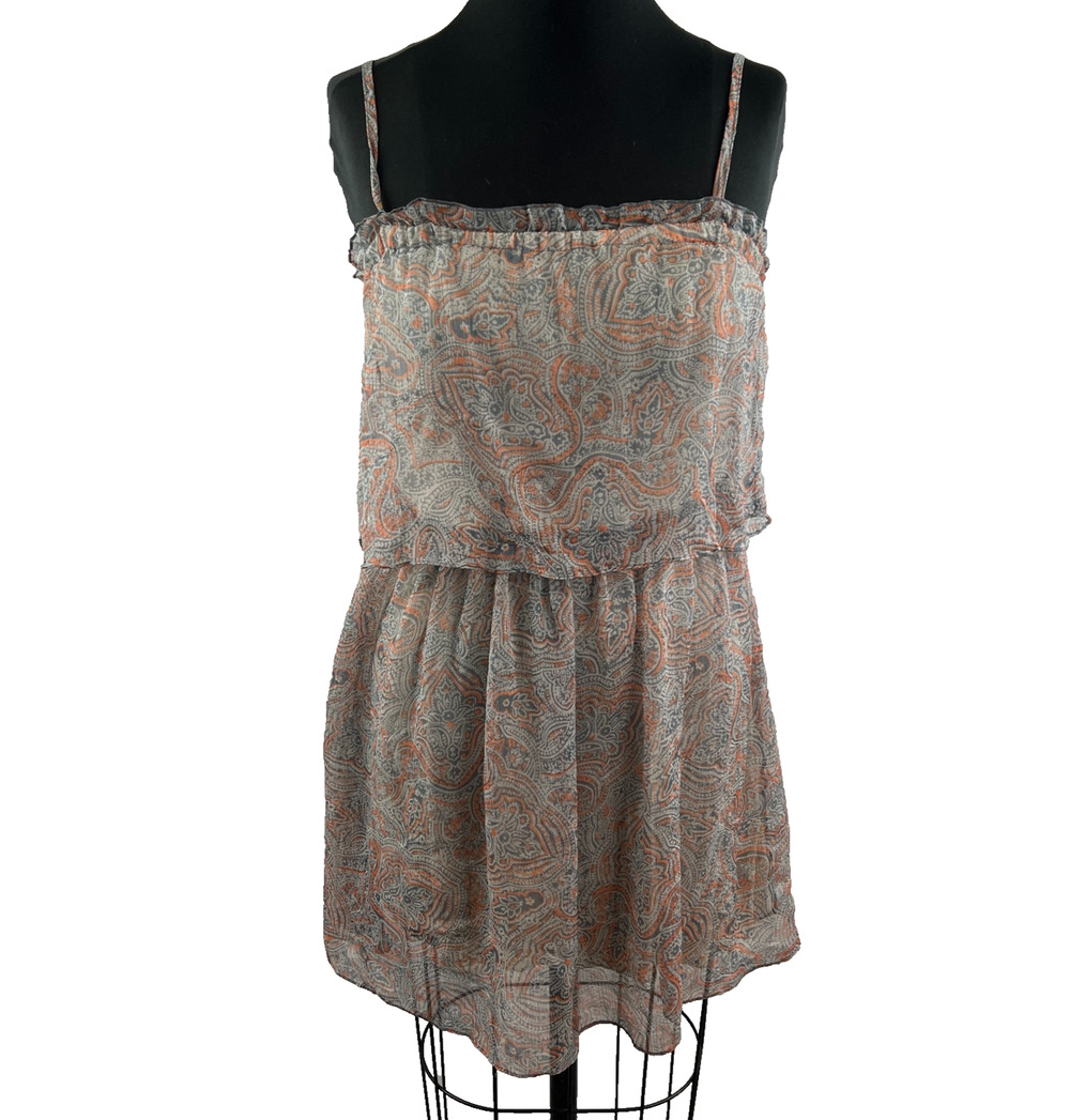 Willow & Clay Paisley Gray Orange Sheer Mini Tier Dress S Small Anthropologie